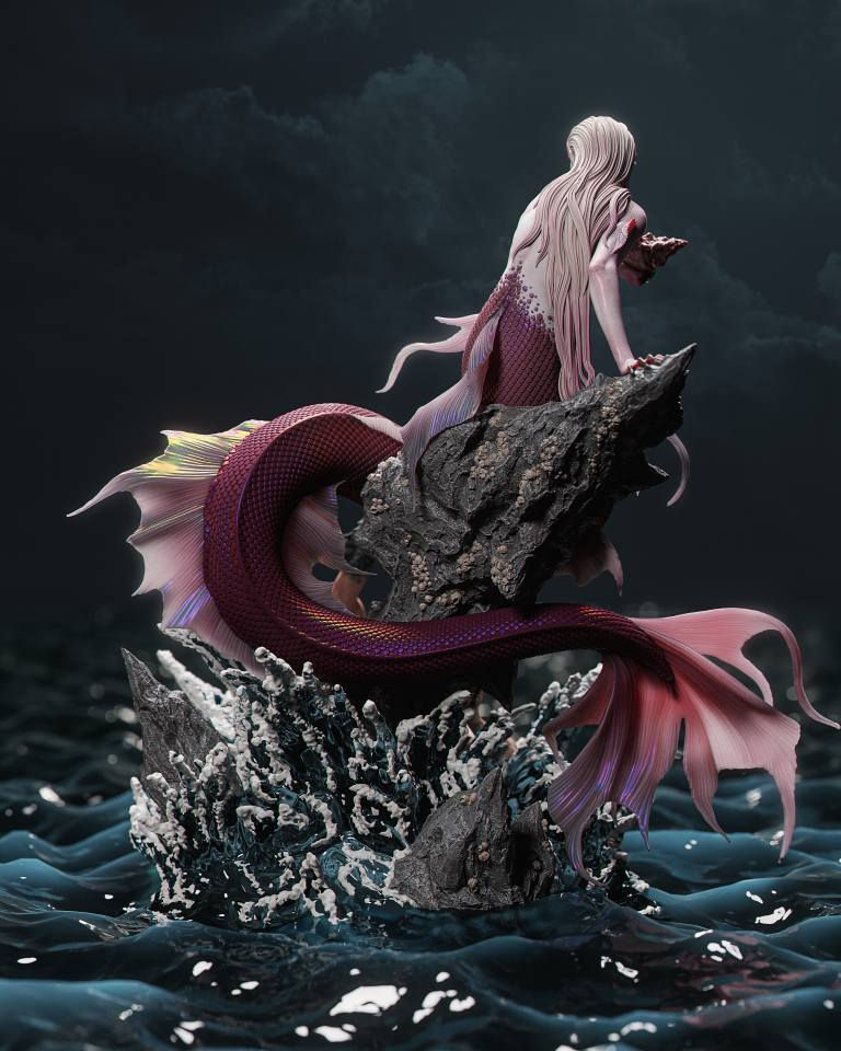 Miniature : Mermaid - 1 x Unpainted Large Scale 3D Resin Printed Model Kit and Base - CA3D