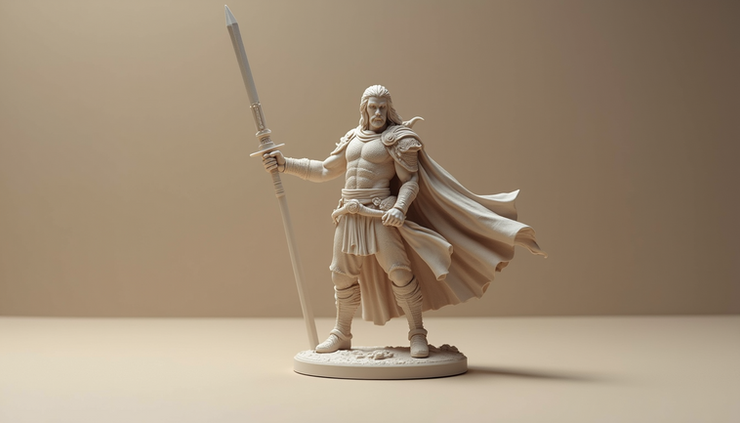 Close-up view of a finely detailed 3D resin printed figurine of a fantasy warrior