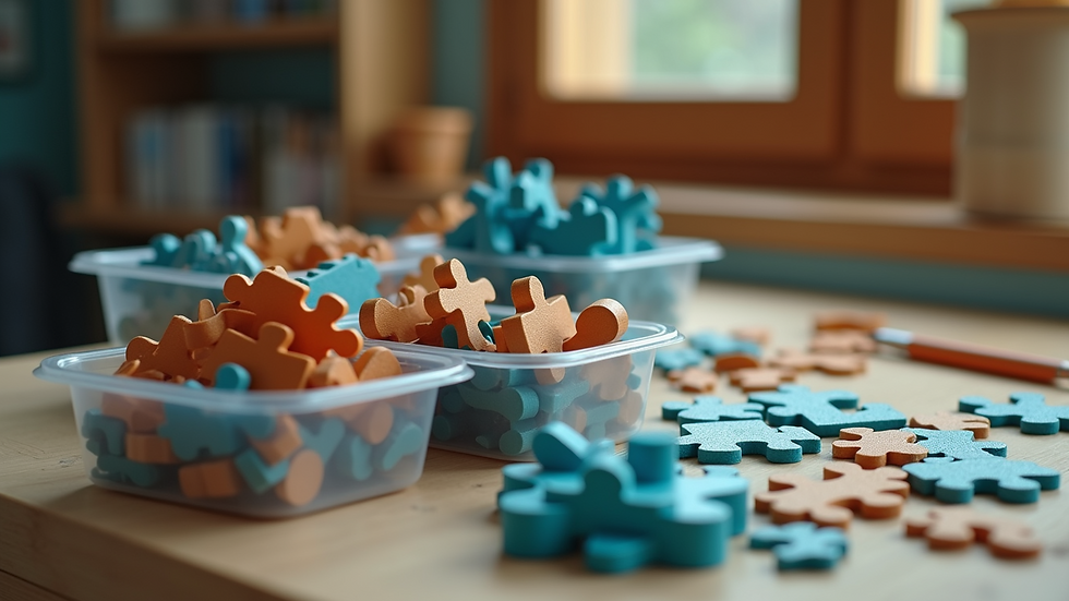 Eye-level view of a tidy workspace with sorted 3D puzzle pieces in containers