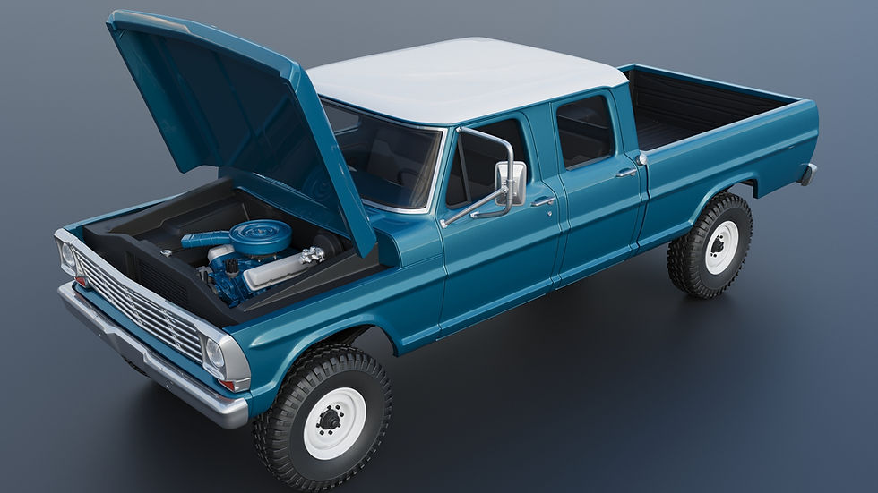 Miniatura: Ford F250 CREW CAB 1969 con volante a la derecha o a la izquierda: kit de modelo completo impreso en 3D, vista frontal y trasera.
