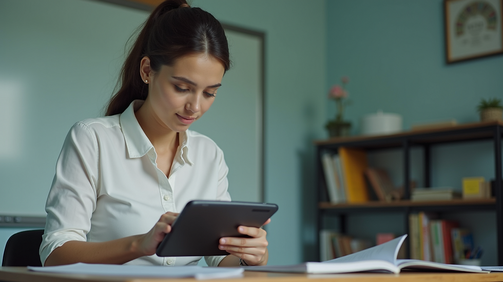 Eye-level view of a teacher using a tablet in a classroom
