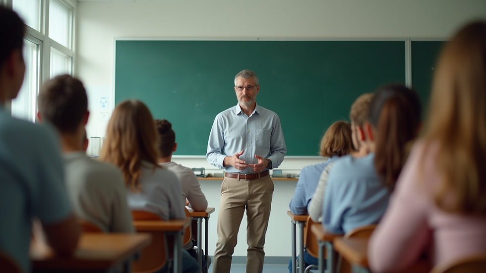 Eye-level view of a teacher engaging with students in a classroom setting