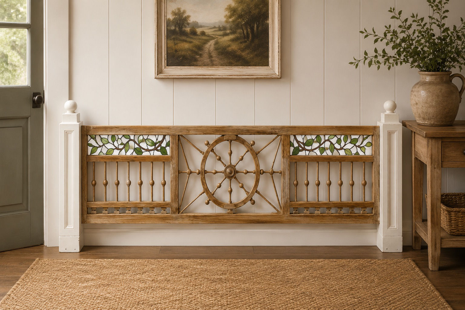 Antique Nautical Fretwork Panel with Stained Glass & Ship’s Wheel – Architectura