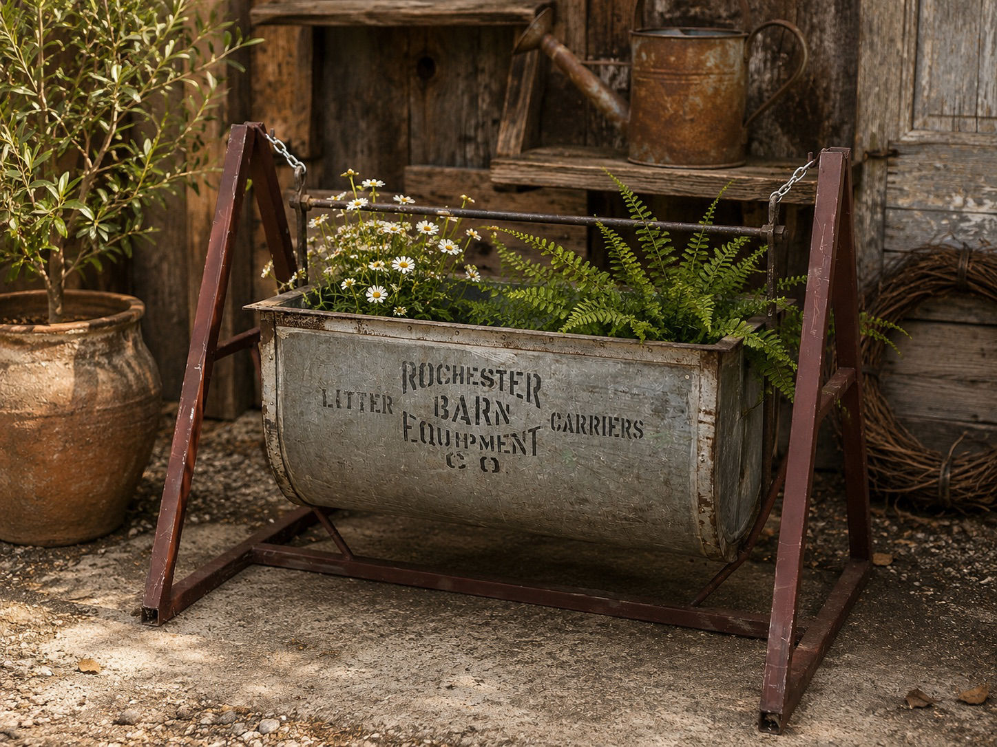 Early Rochester Barn Equipment Co. Galvanized Barn Carrier on Display Stand