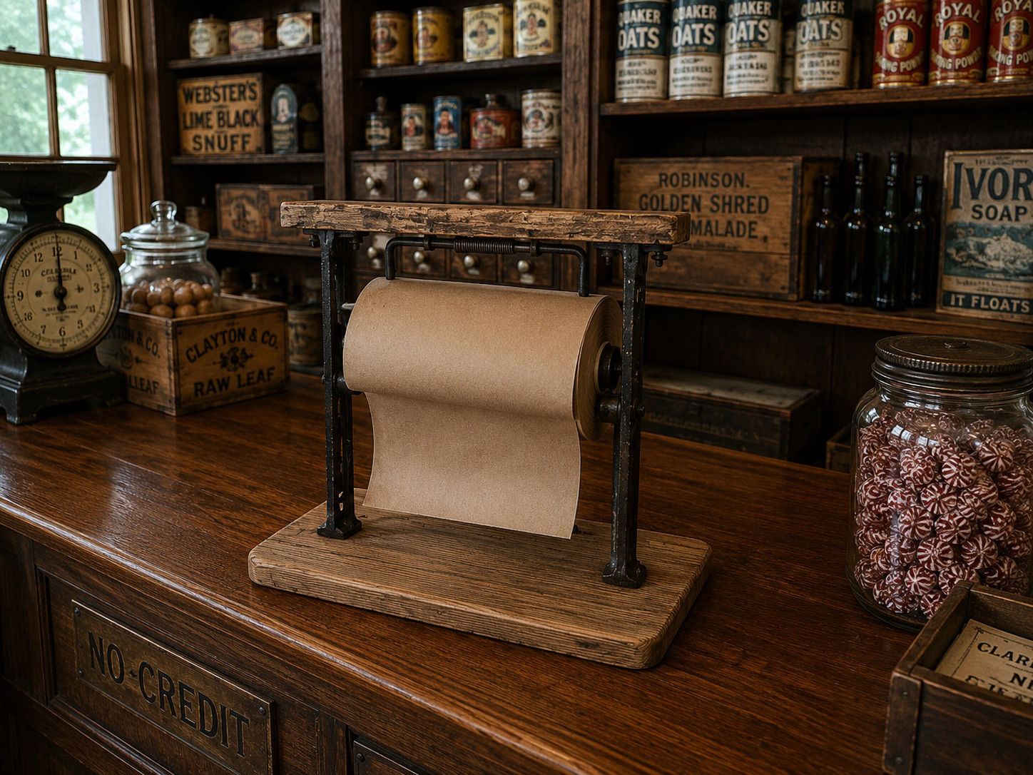Antique Hopkins General Store Paper Cutter–Cast Iron Countertop Paper Dispenser