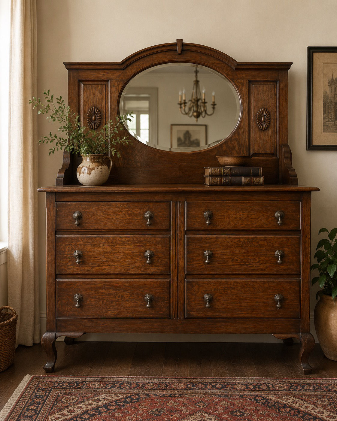 Antique Victorian Tiger Oak Dresser with Beveled Mirror – 6 Drawer