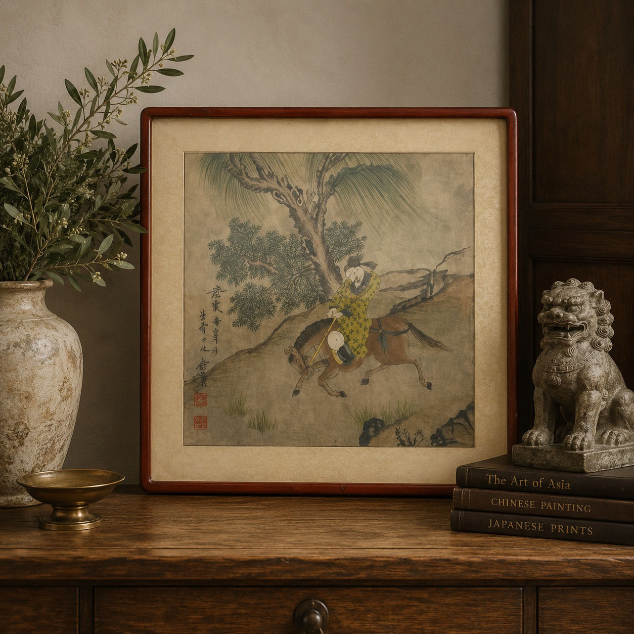 Framed Asian Ink & Color Painting on Paper – Signed with Red Seal