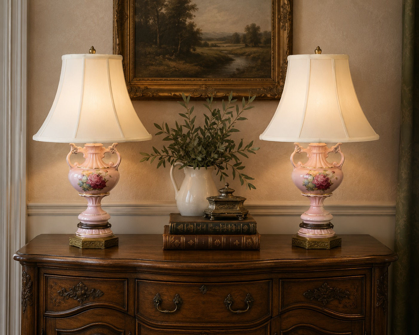 Pair of Victorian Hand-Painted Porcelain Table Lamps with Brass Bases