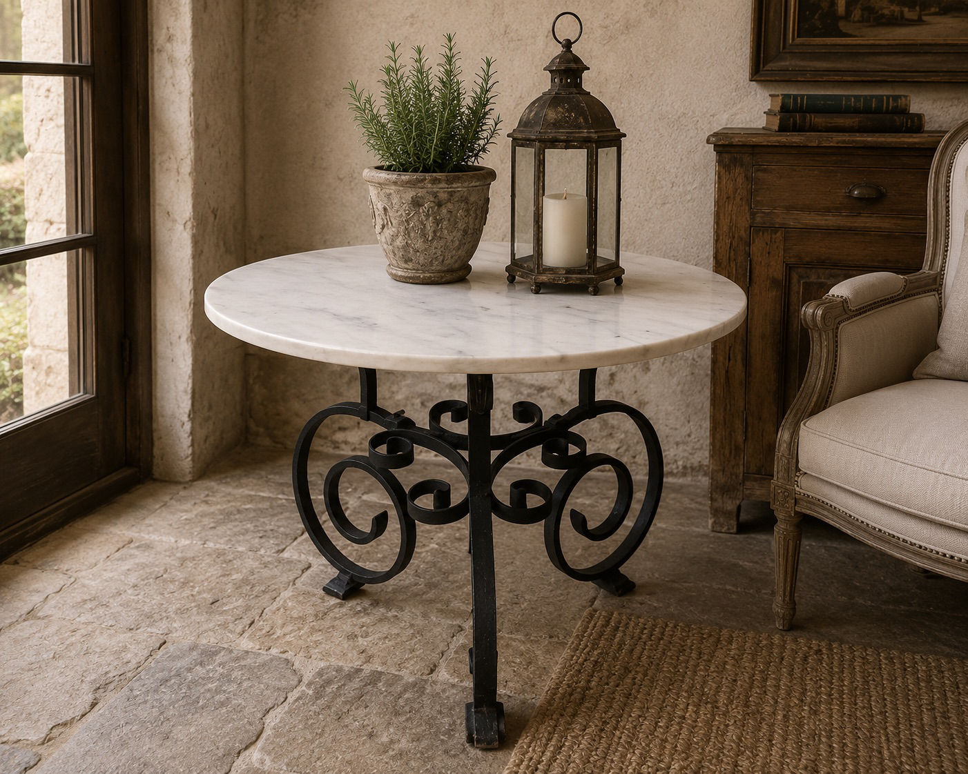 Antique Marble Top Cast Iron Accent Table