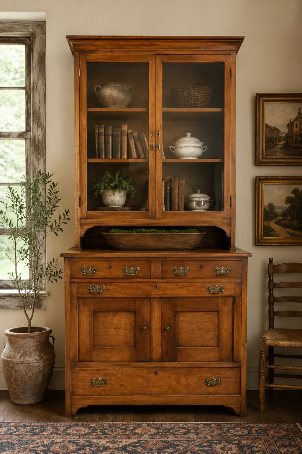Antique Two-Piece Step-Back Cupboard with Glass Display Hutch