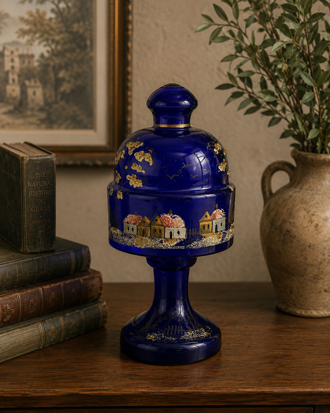Vintage Hand-Painted Bohemian Cobalt Glass Decanter with Gilt Decoration