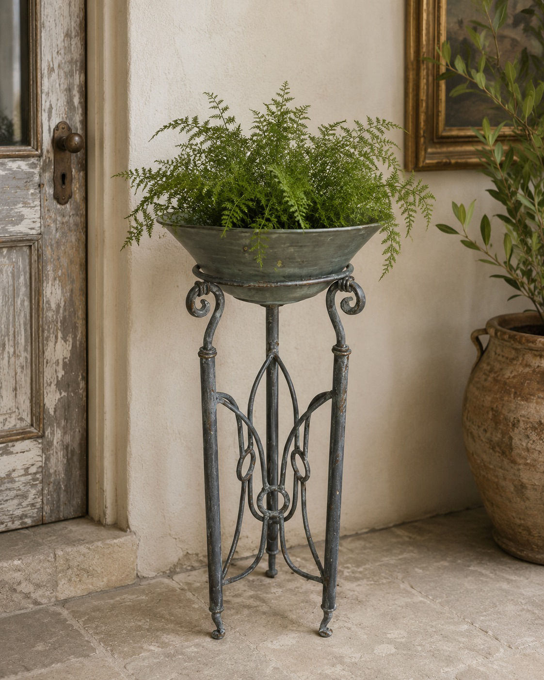Antique Wrought Iron Plant Stand with Galvanized Bowl