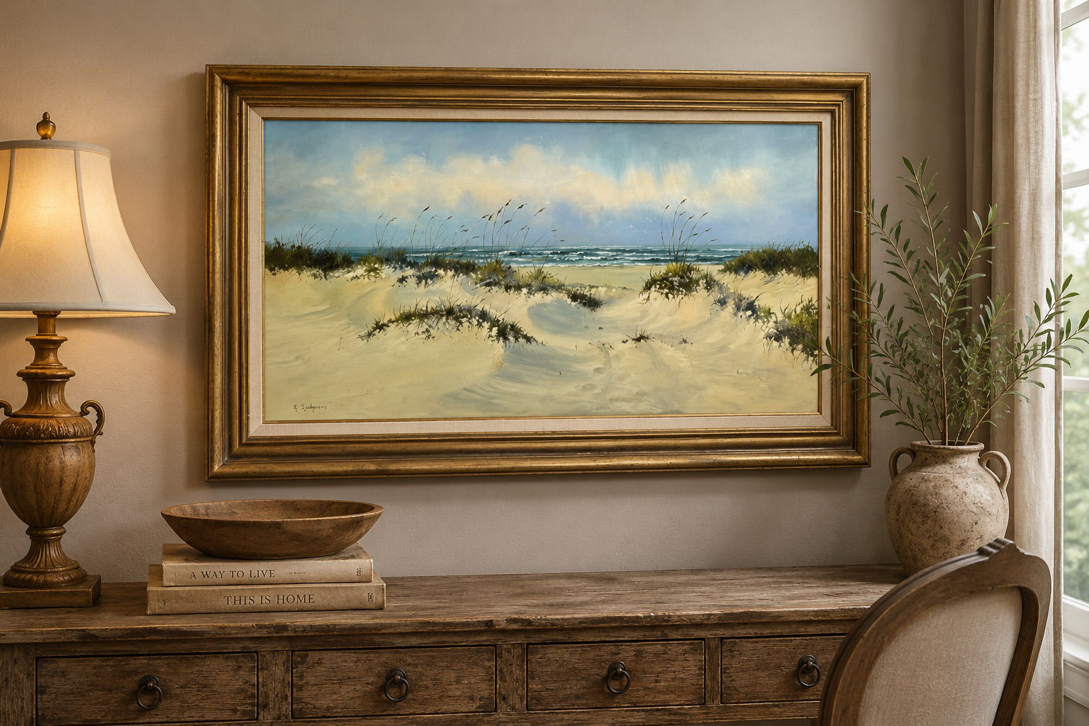 Signed Coastal Seascape Oil Painting on Canvas – Framed Beach Landscape
