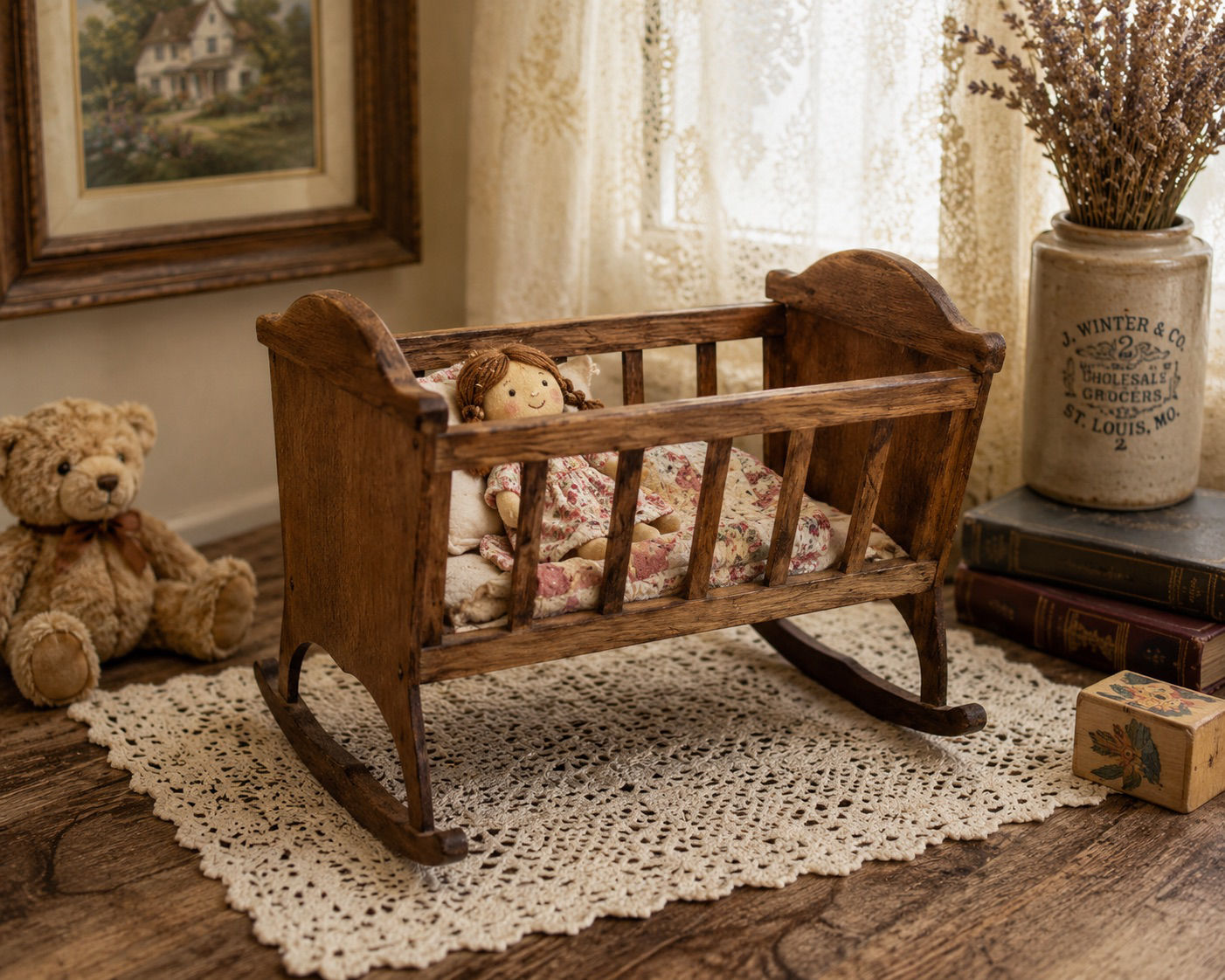 Vintage Wooden Rocking Doll Cradle – Child’s Toy Crib – Solid Wood
