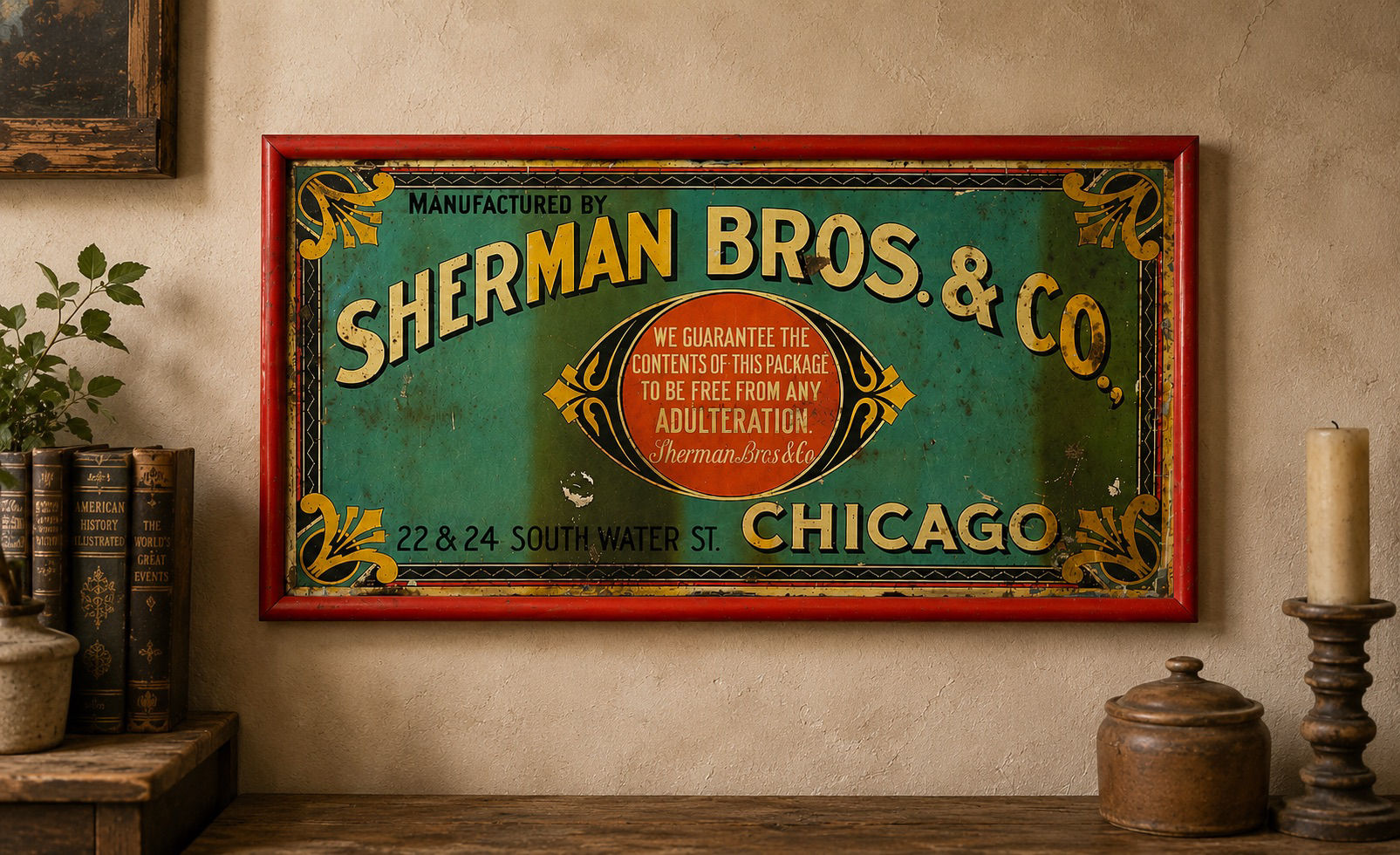 Vintage Sherman Bros. & Co. Chicago Tin Advertising Sign