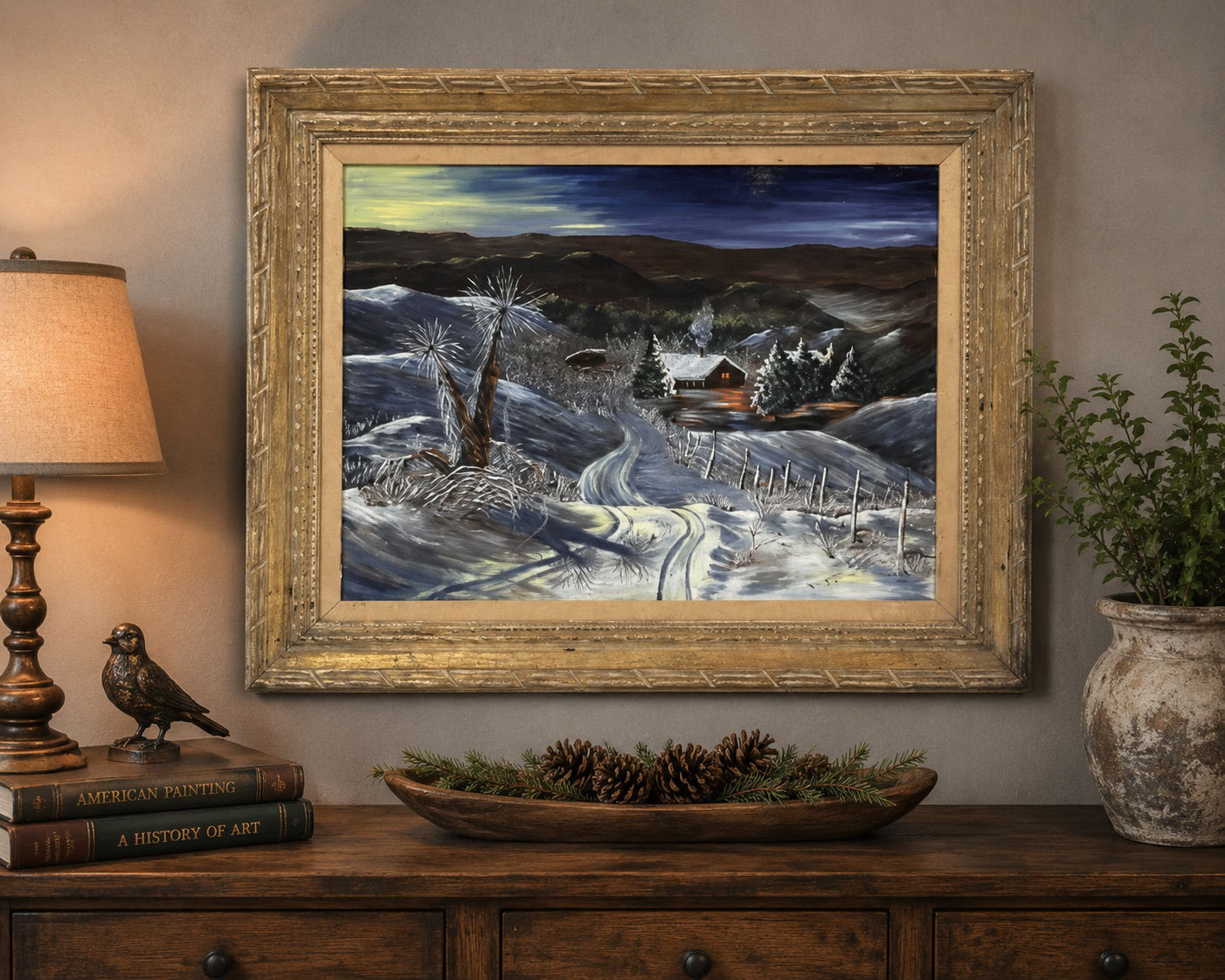 19th Century Winter Landscape Oil on Board in Gilt Frame