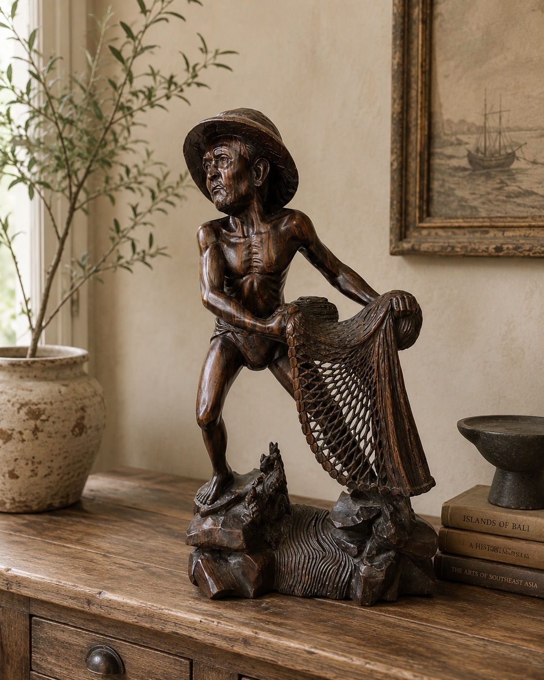 Hand-Carved Balinese Fisherman Statue – Large Exotic Wood Sculpture – 24” Tall