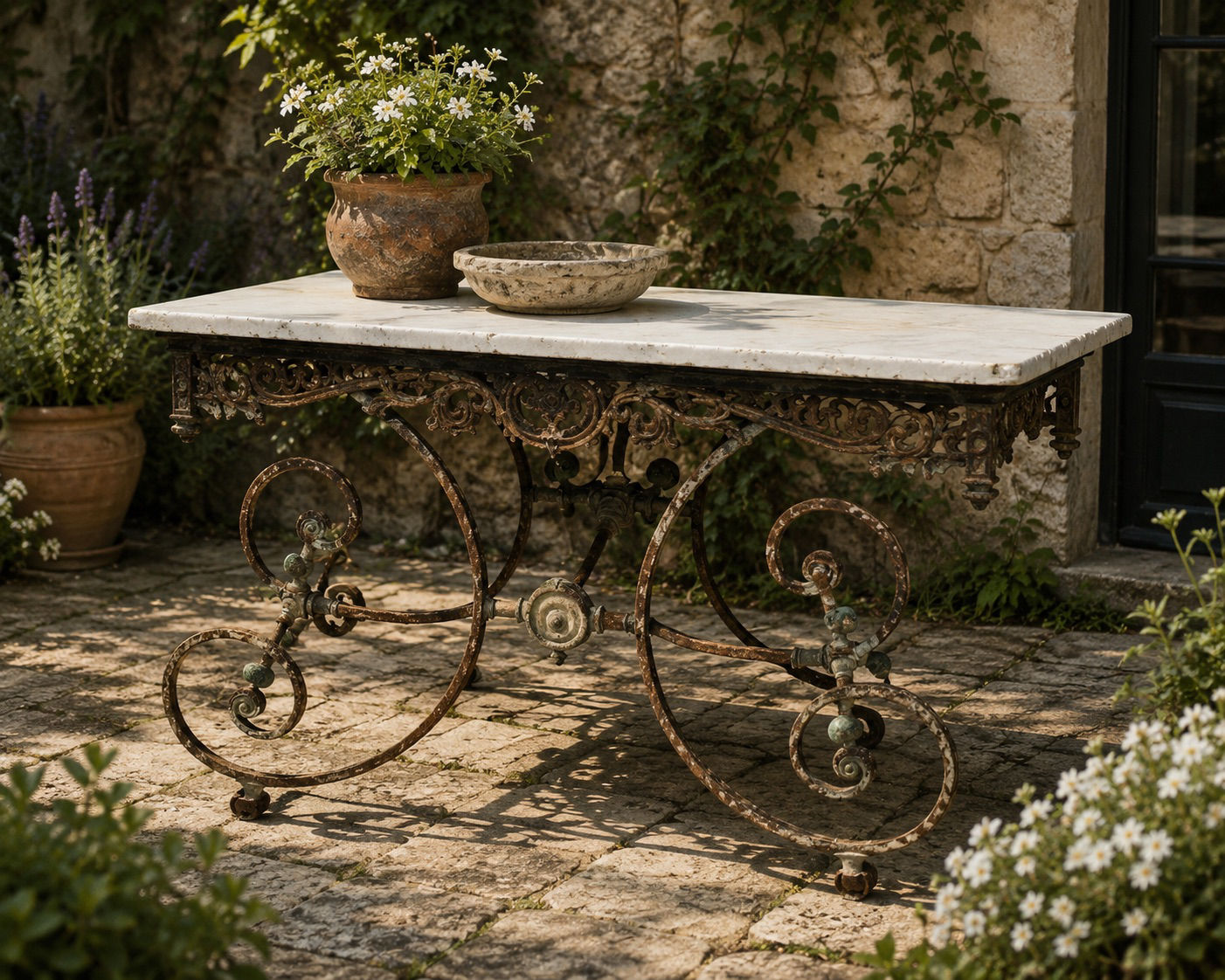 Antique French Cast Iron Pastry Table with Marble Top
