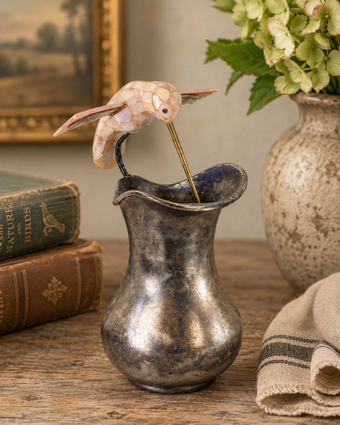 Vintage Los Castillo Silver-Plated Bird Pitcher with Inlaid Hummingbird