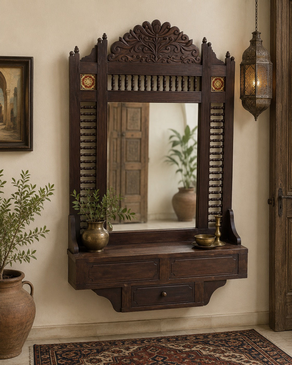 Antique Indian-Style Entry Mirror with Shelf & Drawer
