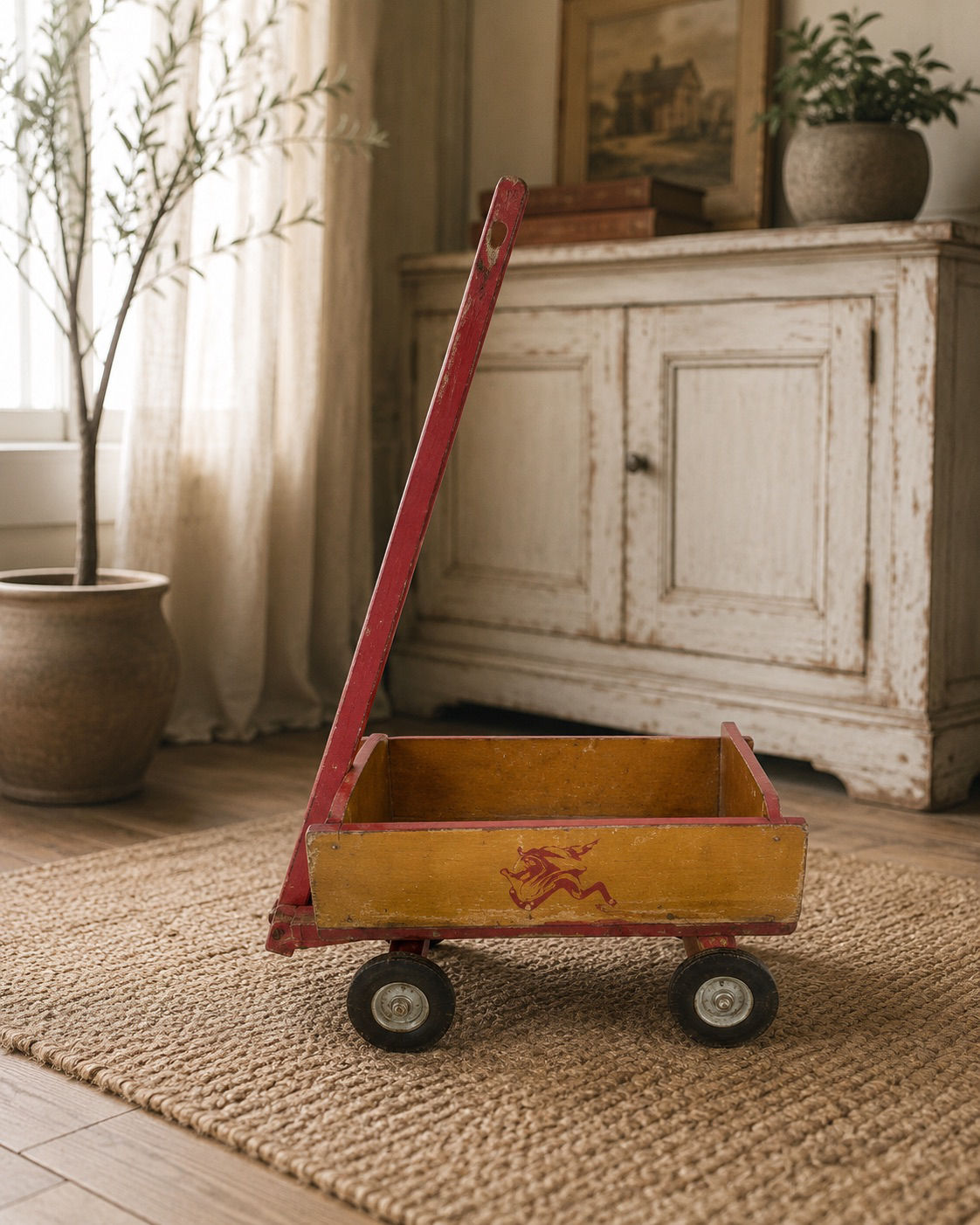 Vintage Dunlop Wooden Pull Wagon – Child’s Toy – Original Red & Natural Finish