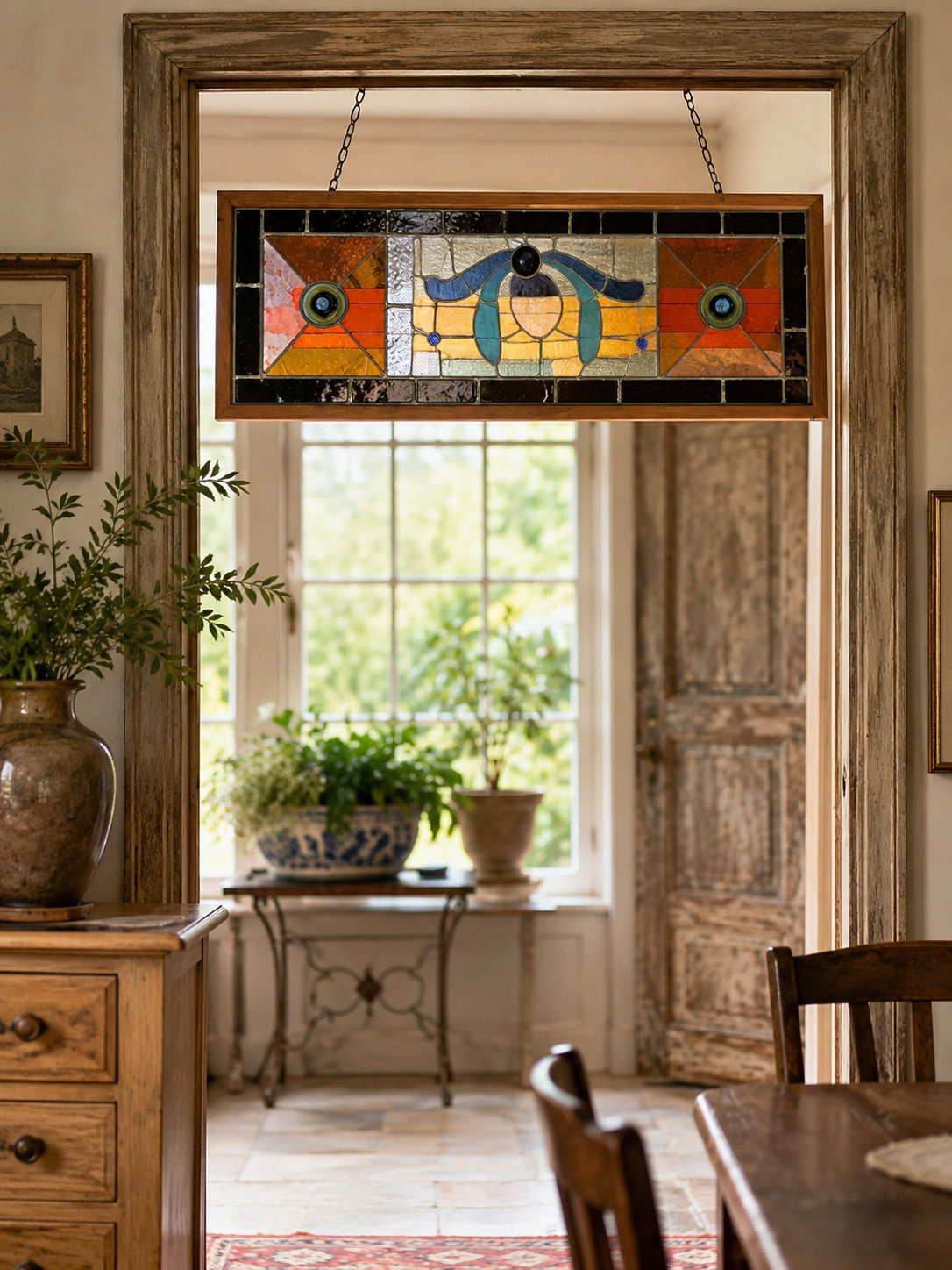 Vintage Leaded Stained Glass Transom Window Panel – Framed Architectural Salvage