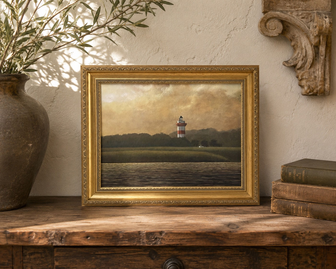 Vintage Lighthouse Oil Painting on Canvas in Gilt Frame 75” H × 19.75” W