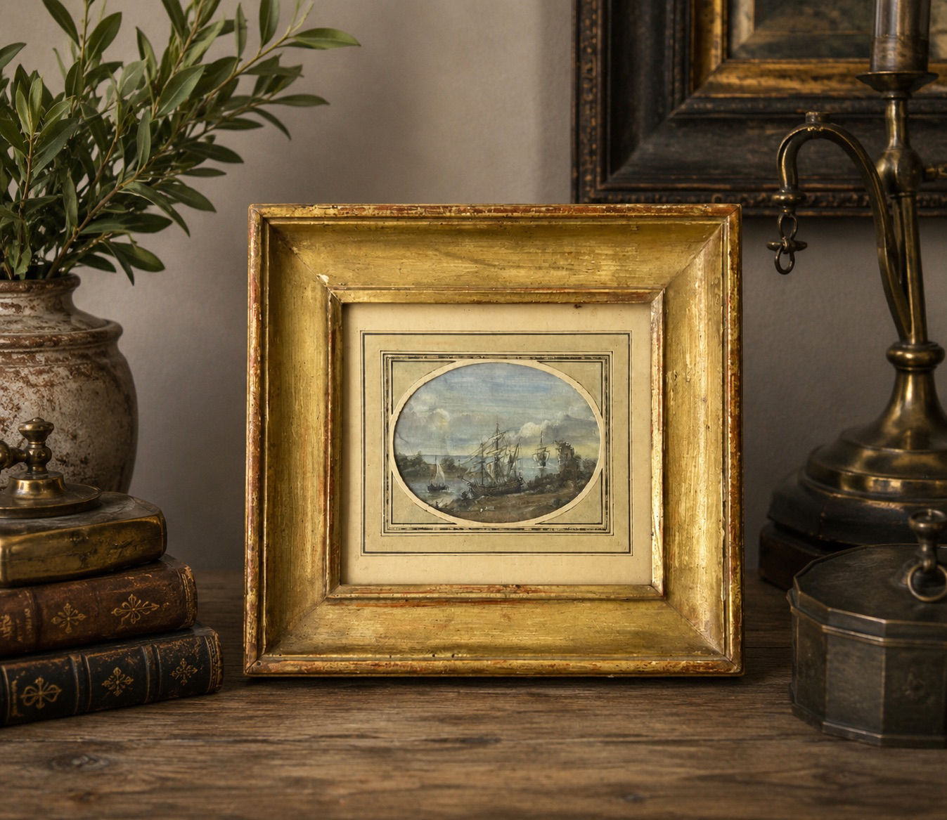 19th Century Gilt-Framed Oil on Canvas Maritime Painting