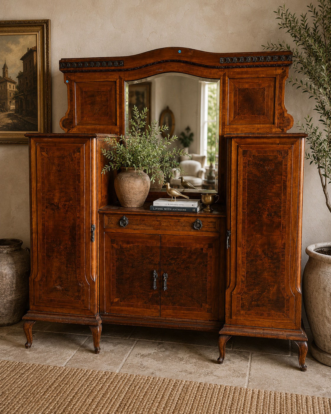 Antique Marble-Top Breakfront Sideboard & Display Cabinet