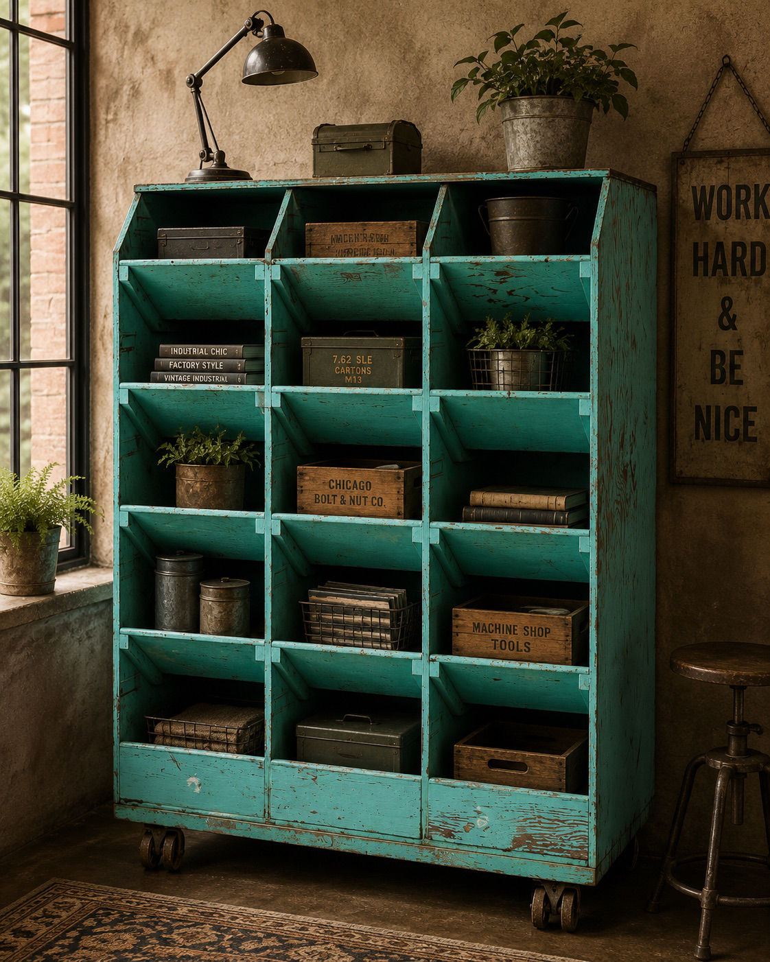 Antique Industrial Hardware Store Cubby Cabinet on Original Casters