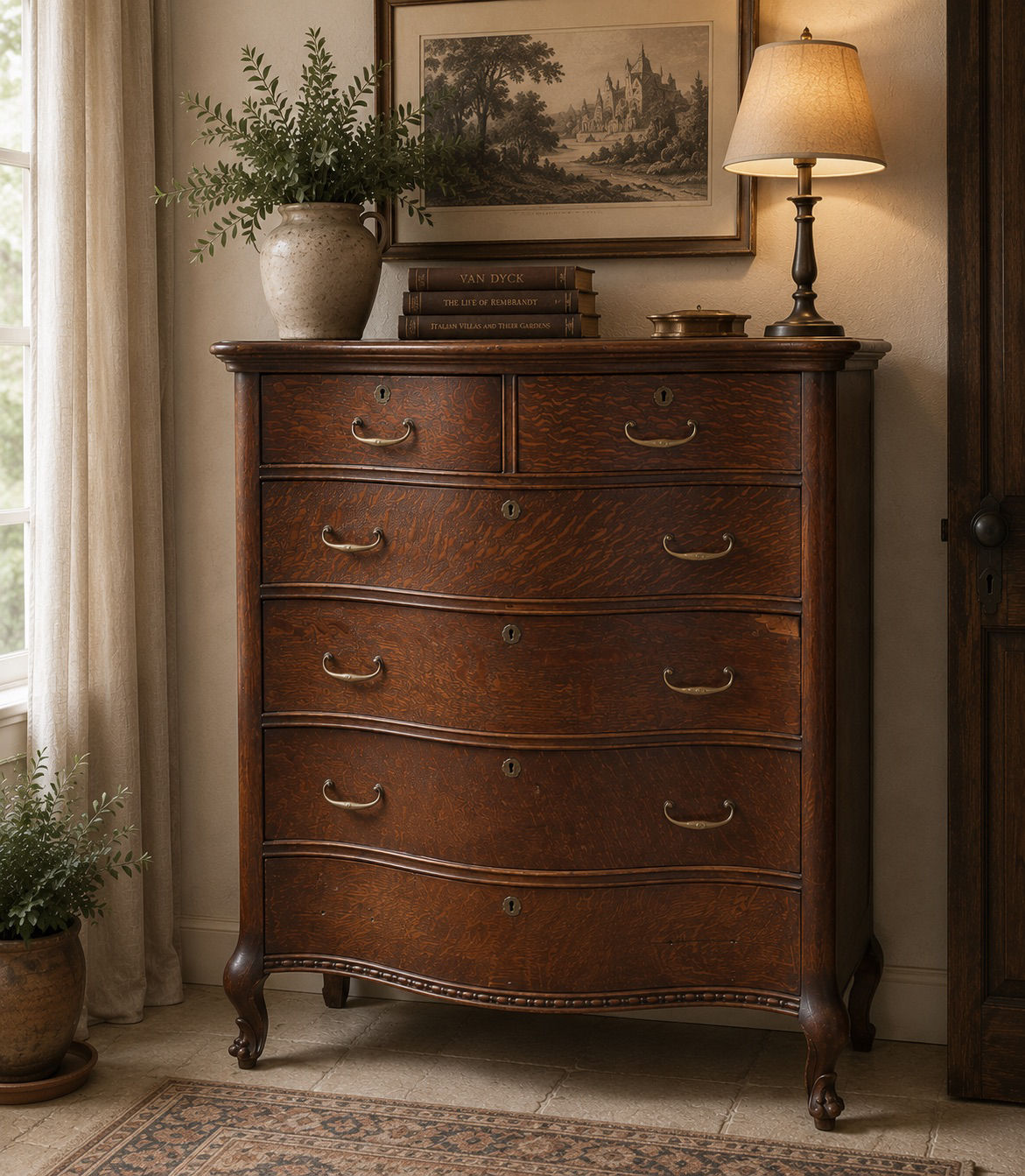 Antique Quarter-Sawn Oak Tall Chest of Drawers