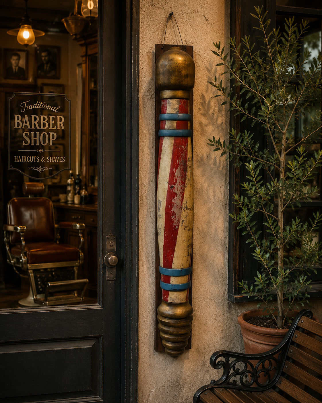 Antique Oversized Wooden Barber Pole Wall Display