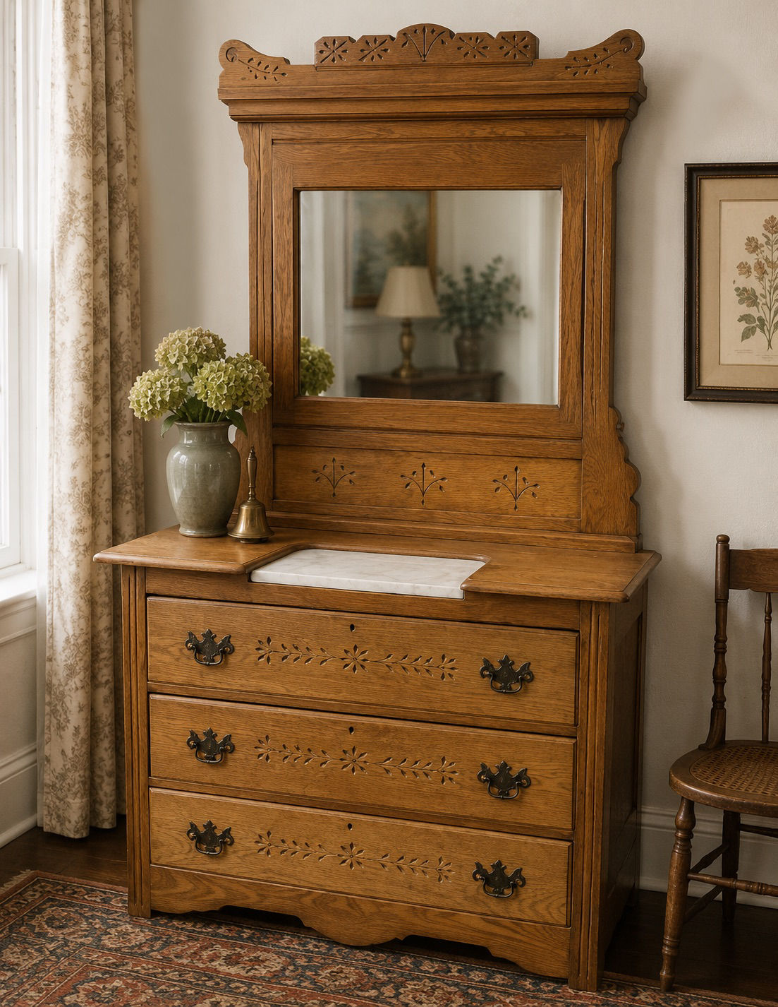 Antique Eastlake Oak Washstand Dresser with Swivel Mirror & White Marble Insert