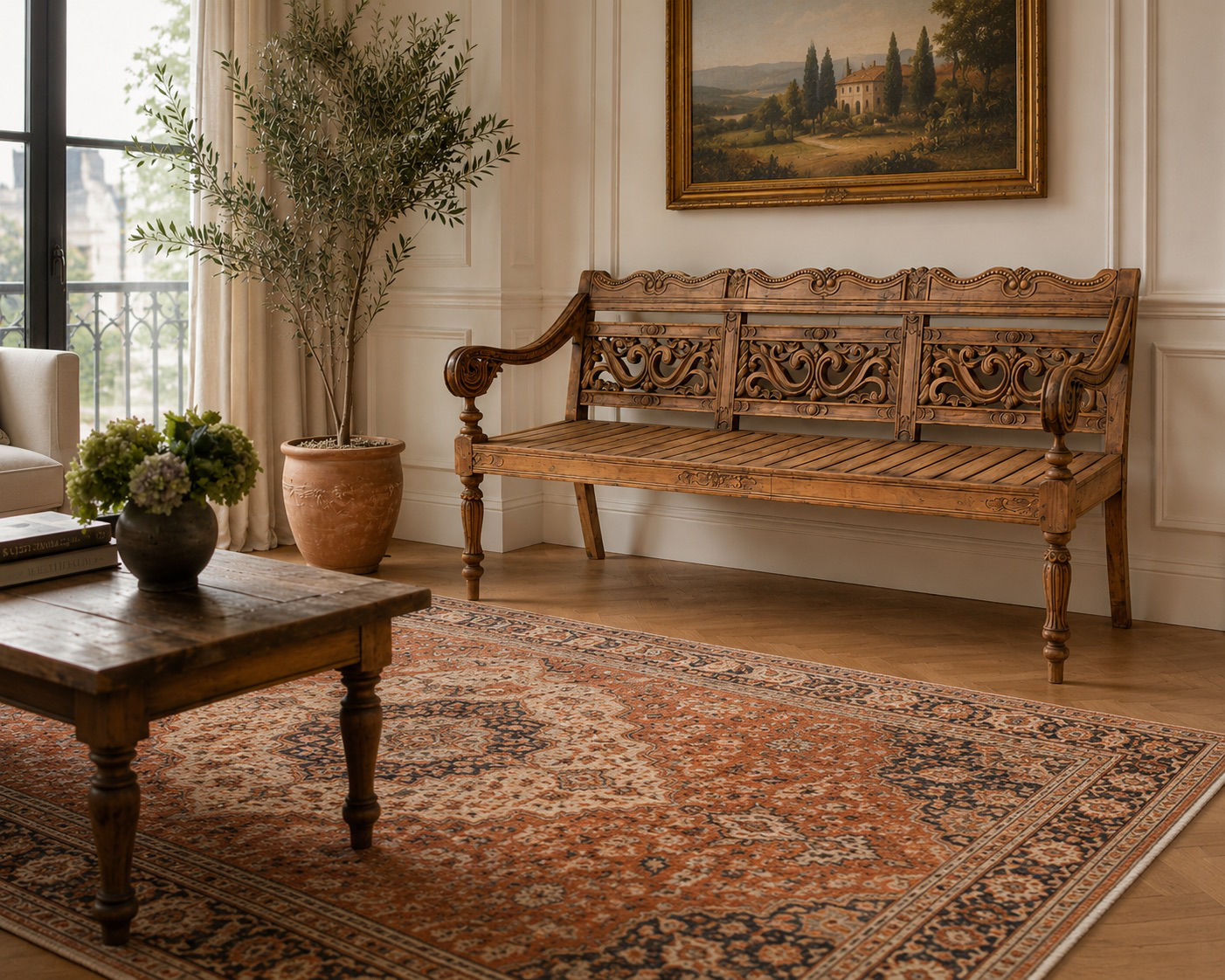 Vintage Hand-Carved Solid Wood Bench