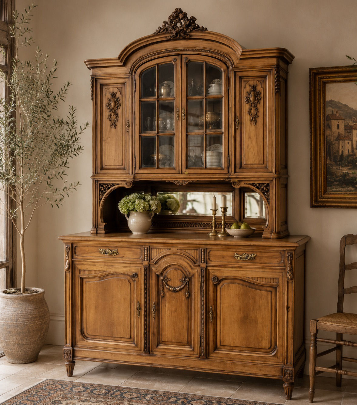 Antique French Carved Oak Three-Piece Server / Buffet with Hutch