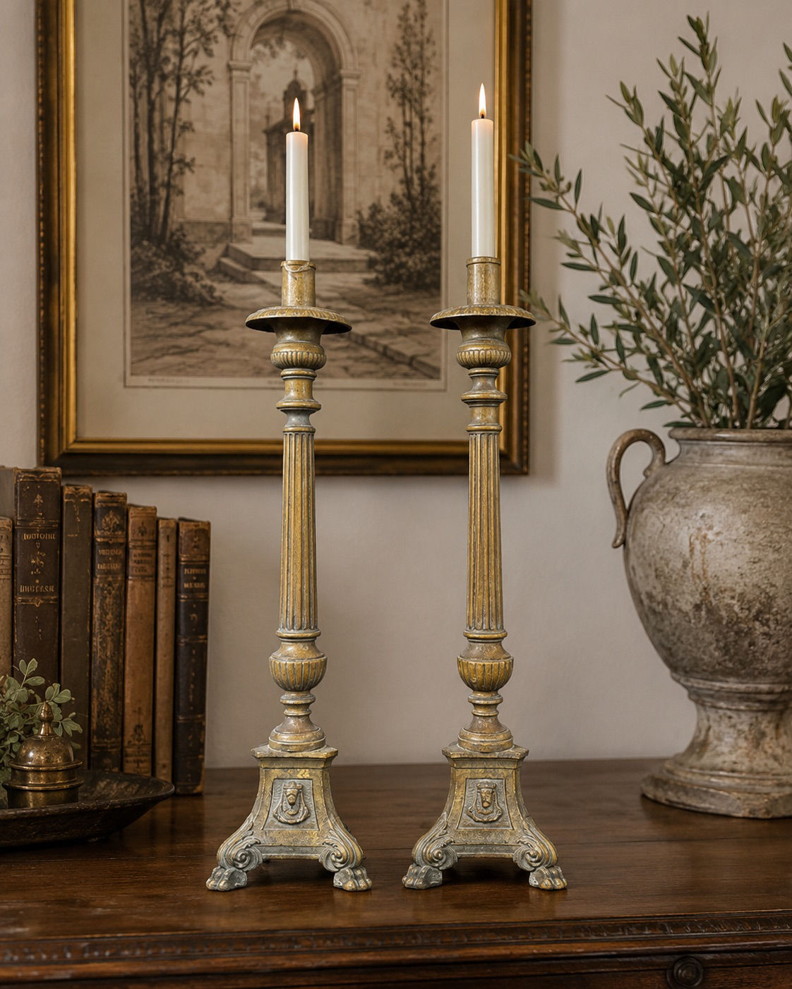 Antique Altar Candlesticks – Pair – Ornate Cast Metal Church Candlesticks – 17”