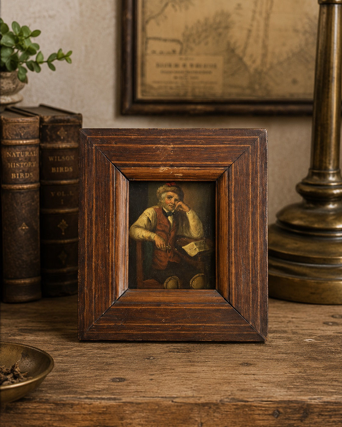 19th Century Oil on Tin Miniature Portrait in Period Wood Frame