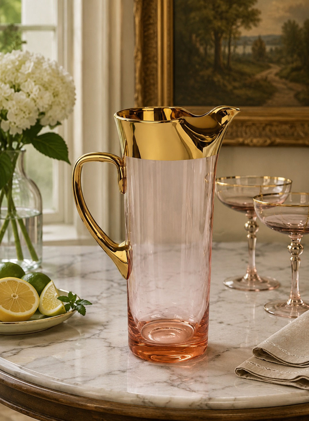 Vintage Hungarian Pink Glass Cocktail Pitcher with 22K Gold Overlay