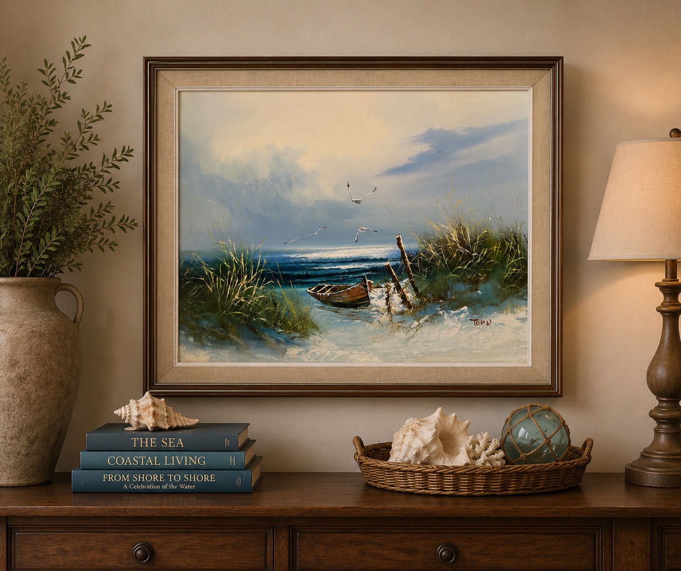 Vintage Coastal Seascape Oil Painting by Todd – Framed Beach Landscape