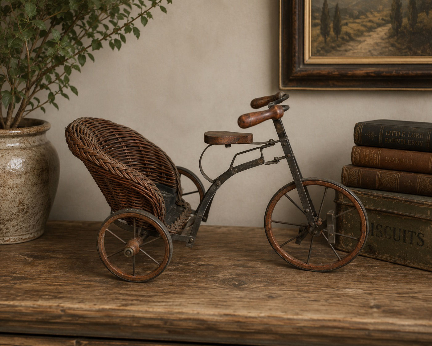 Antique Child’s Wicker Toy Rickshaw Tricycle | Wooden & Iron | 22” Long