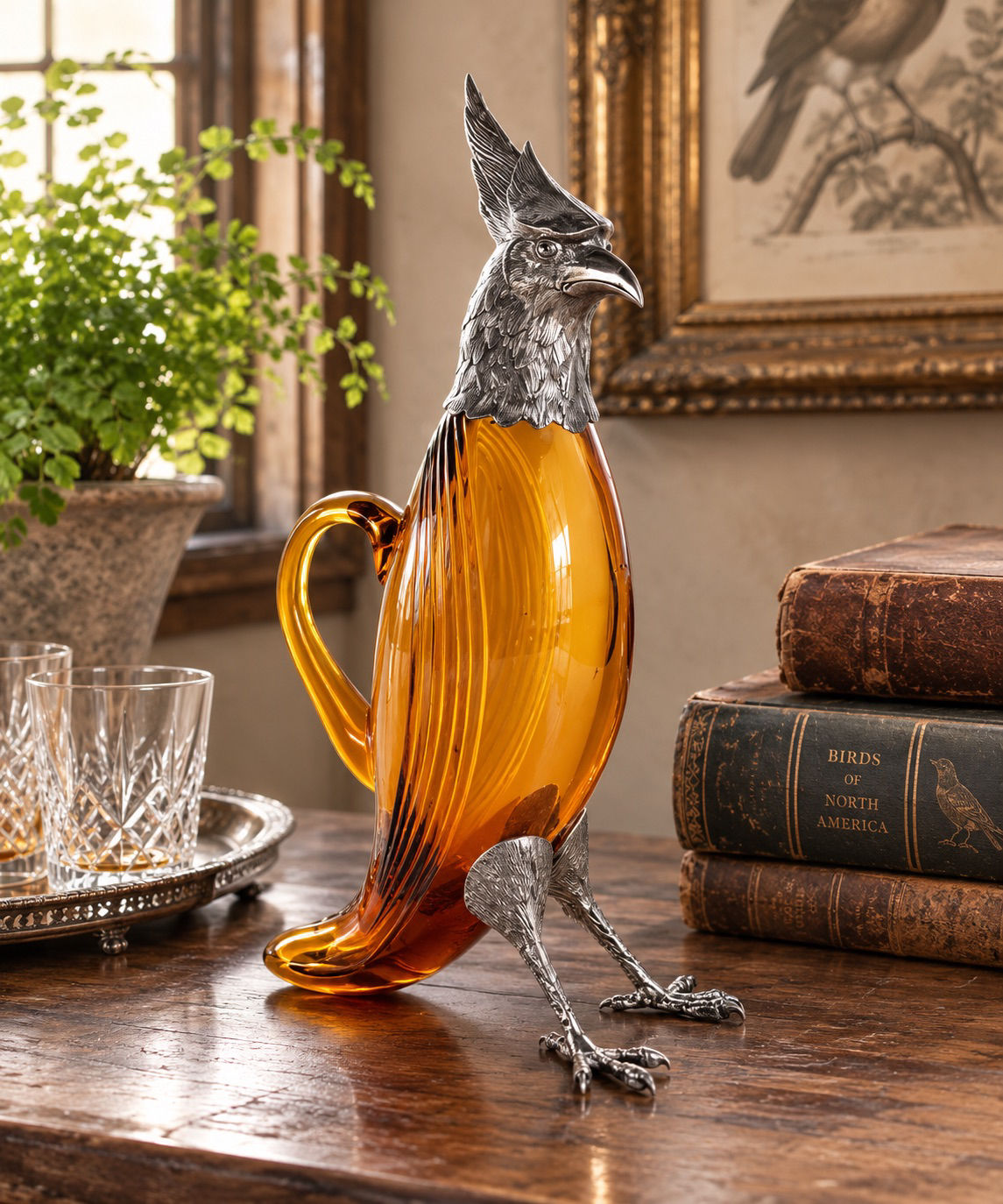 Sterling Silver & Amber Glass Bird Decanter