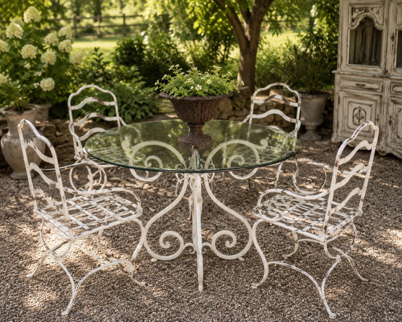 Vintage Cast Iron Patio Dining Set with Glass Top Table & Four Chairs