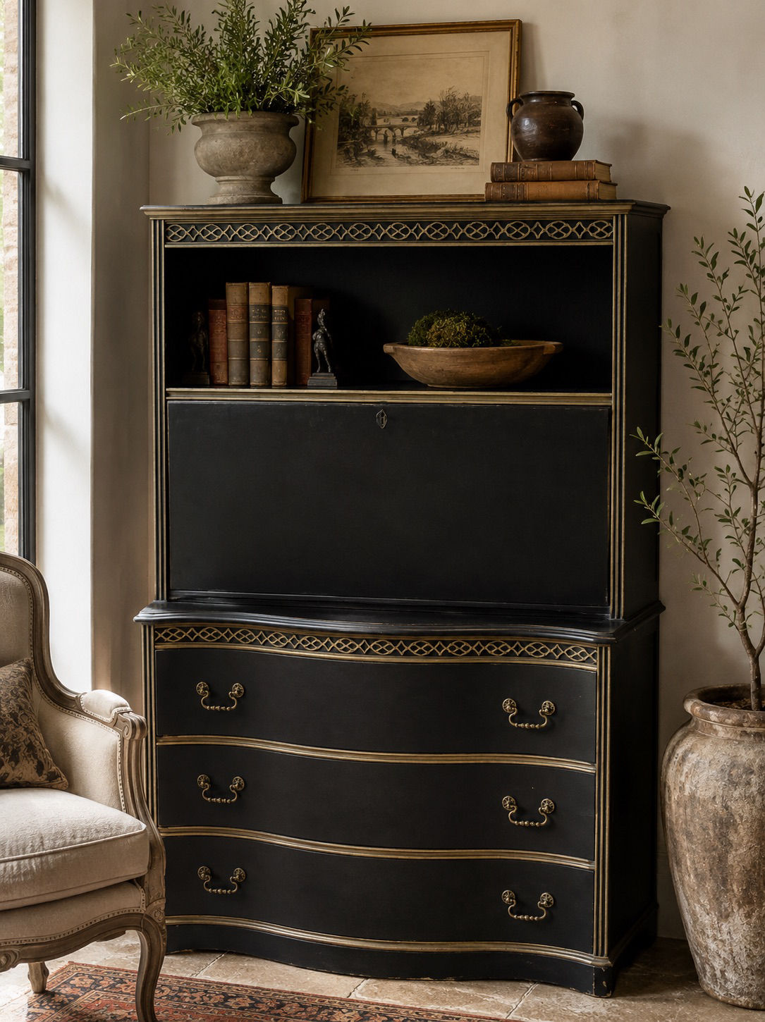 Antique Black Secretary Desk / Bookcase
