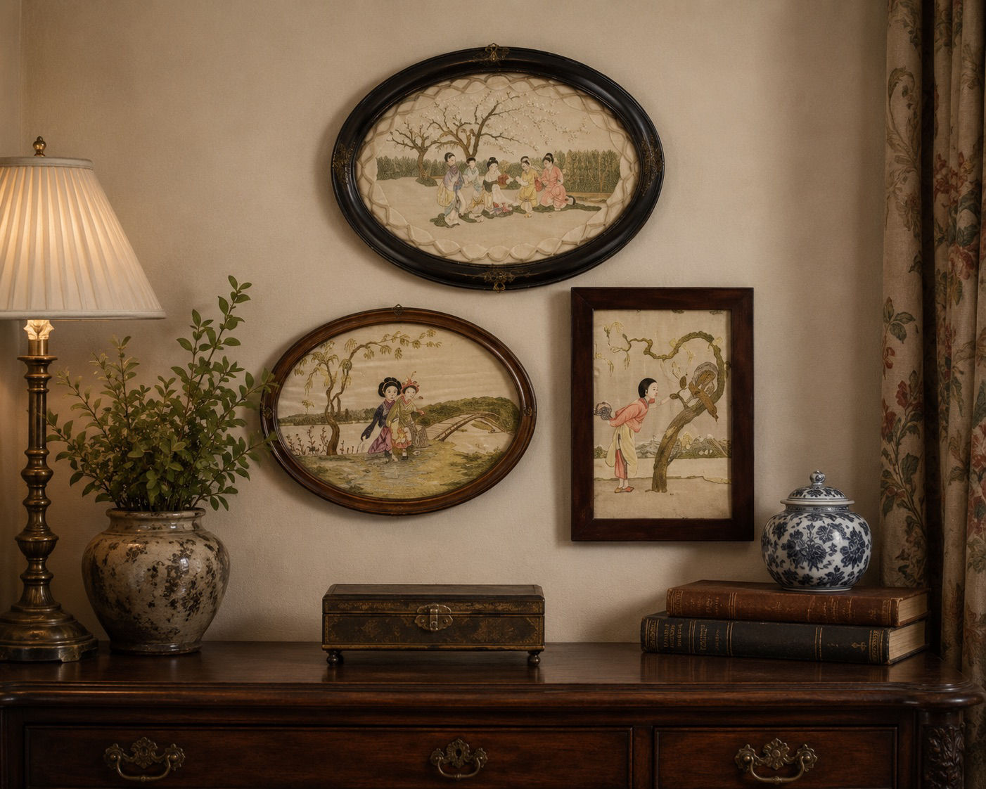 Antique Chinese Chinoiserie Silk Embroidery Wall Art – Set of Three