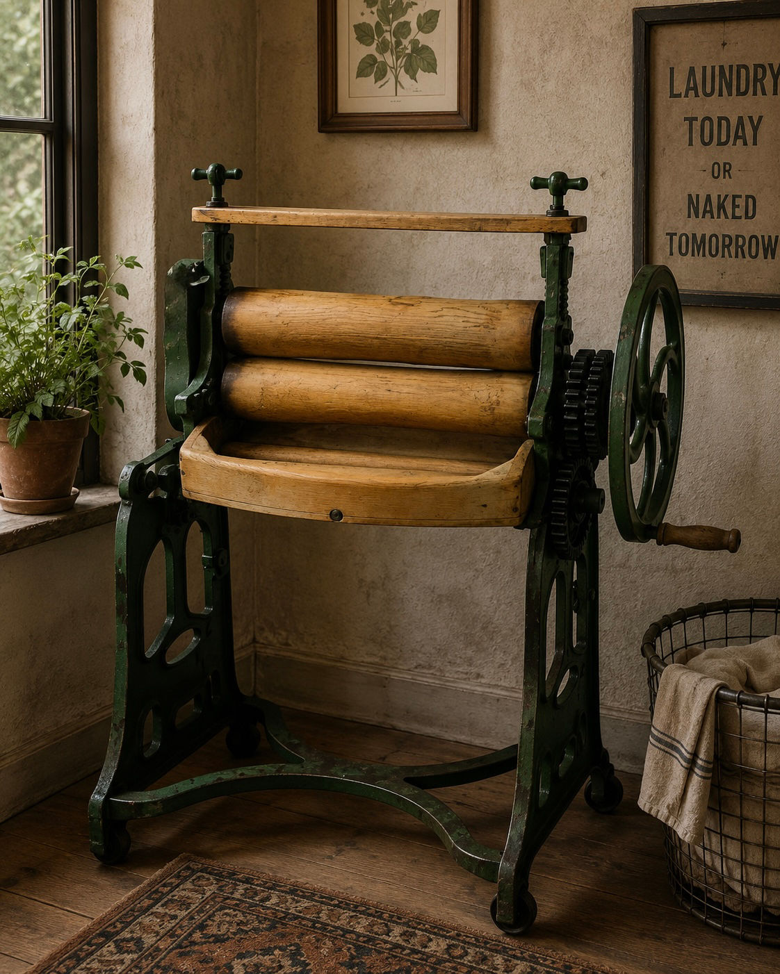 Antique Industrial Hand-Crank Clothes Wringer / Laundry Mangle