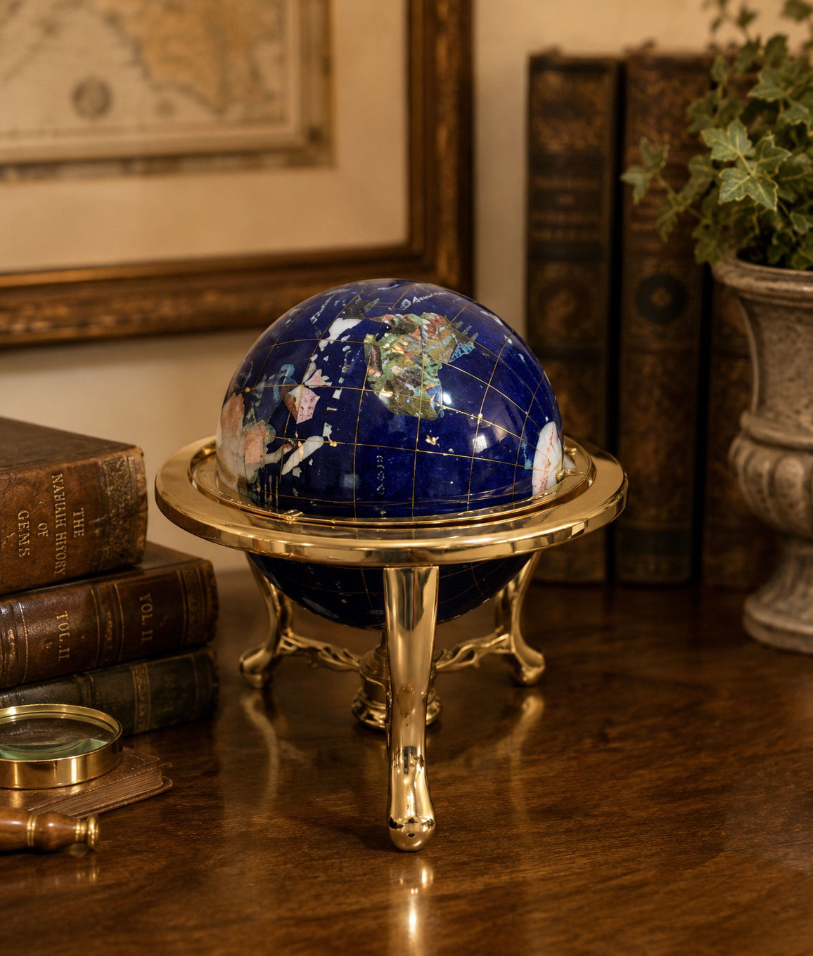 Gemstone Desktop Globe on Brass Stand – Decorative World Globe – 12” x 14”