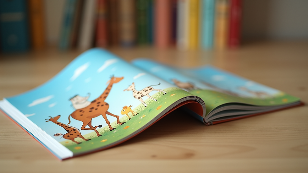 Close-up view of a colorful children's book with animal illustrations