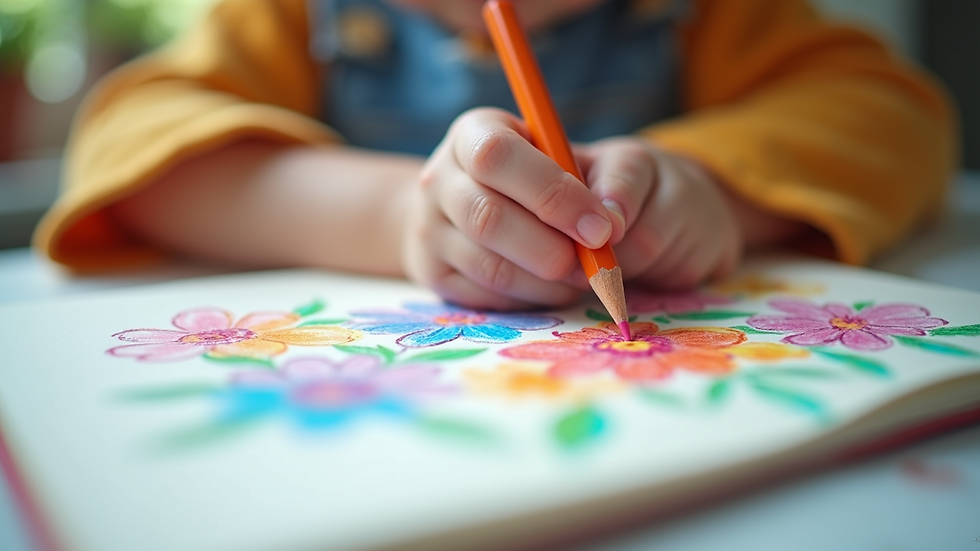 Close-up view of a child’s hand drawing colorful flowers in a creative journal