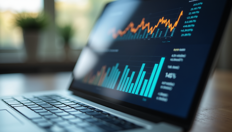 Eye-level view of a laptop screen showing a website analytics dashboard with traffic graphs