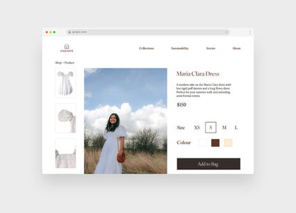 Sustainable fashion brand Mayumi Clothing brand website: Website's product page with white dress different angles